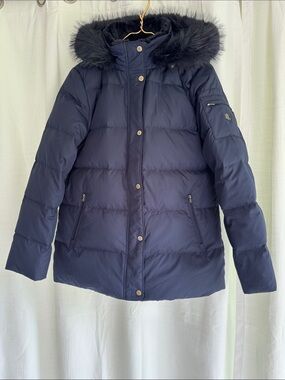 Lauren Ralph Lauren Dark Navy Faux-Fur Trim Quilted Puffer Coat